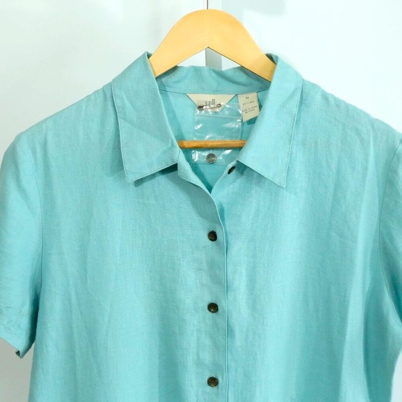 Coastal Grandmother 100% Linen Button Front Midi Dress Women’s Medium Aqua Blue - Picture 7 of 8